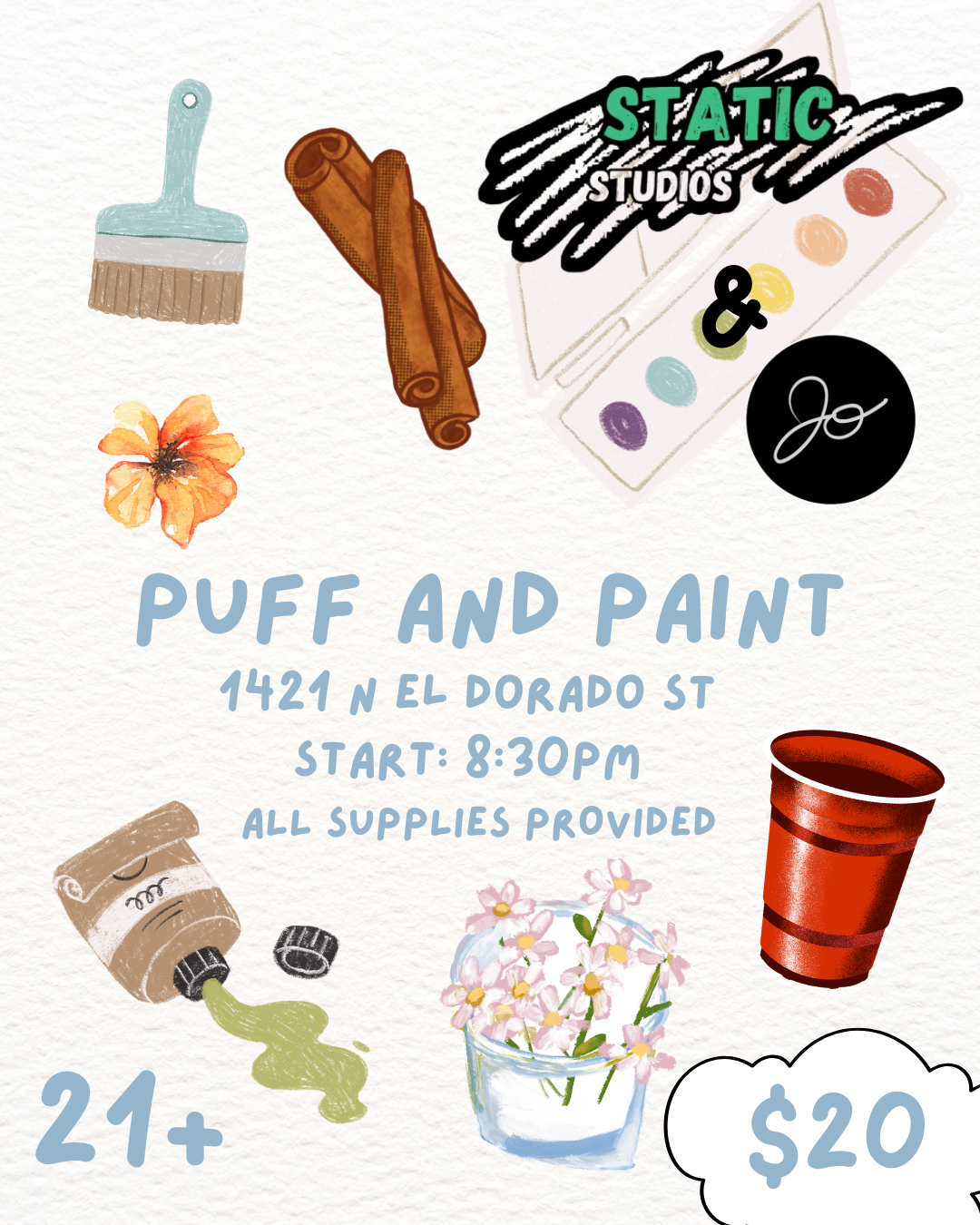 Puff and Paint event poster with paint brushes, palette and flowers